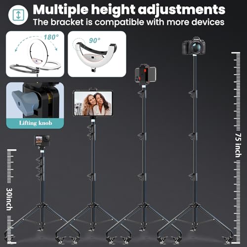 18" Foldable Ring Light with Stand for iPhone ipad Camera, 75" Tripod with Wheels 38W 6500K LED Display/Remote/2 USB Ports Large Big Ringlight Rolling for YouTube Facebook TikTok Live Video Recording