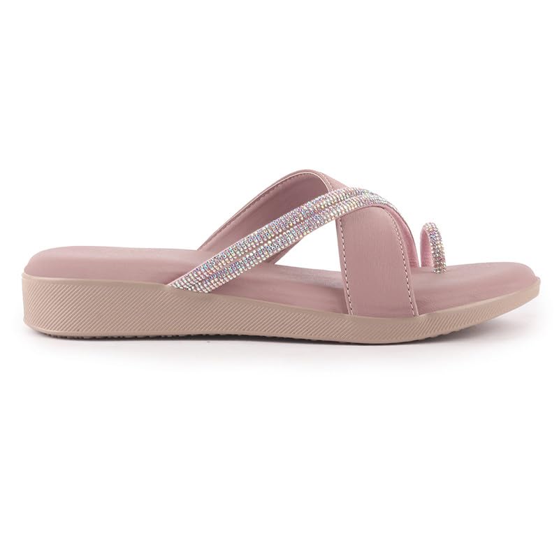 Image of FAUSTO Women Embellished Shimmery Cross Strap Toe Ring Wedding Slip On Slippers | Soft Cushioned Footbed Wedge Sandals | Party, Mehndi, Festive