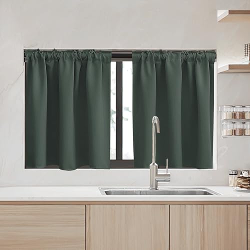 Image of RYB HOME Dark Green Small Blackout Window Curtains - Insualting Privacy Curtains for Kids Bedroom Kitchen Bathroom Basement Cafe Cabinet Tiers Drapes, 34 Width x 24 Length, 2 Panels