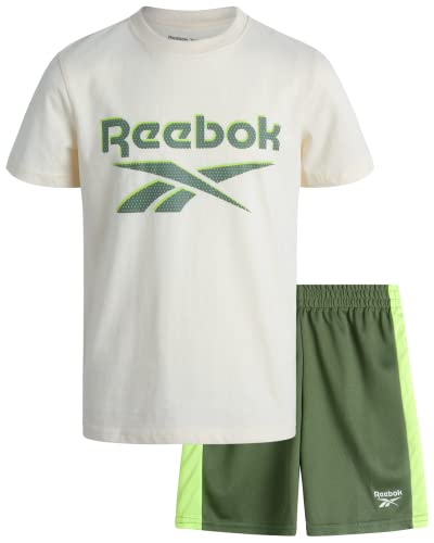 Reebok Boys' Active Shorts Set - 2 Piece Performance T-Shirt And Basketball Gym Shorts (8-12), Size 10, Classic White/Moss Green #TOP2