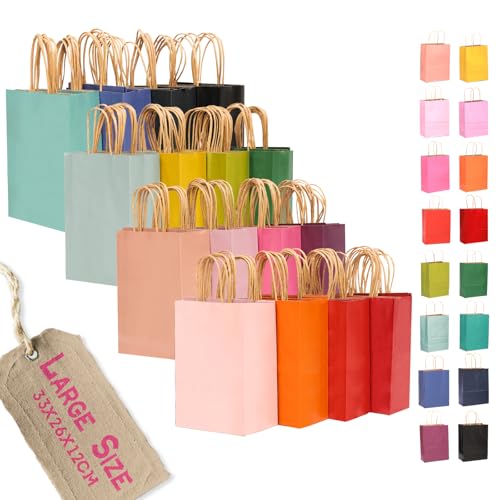 Gcardist 100 bolsas de papel de regalo grandes con asas, 13 × 10,3 × 4,6 pulgadas, bolsas pequeñas de papel kraft para fiestas, 16 colores lisos