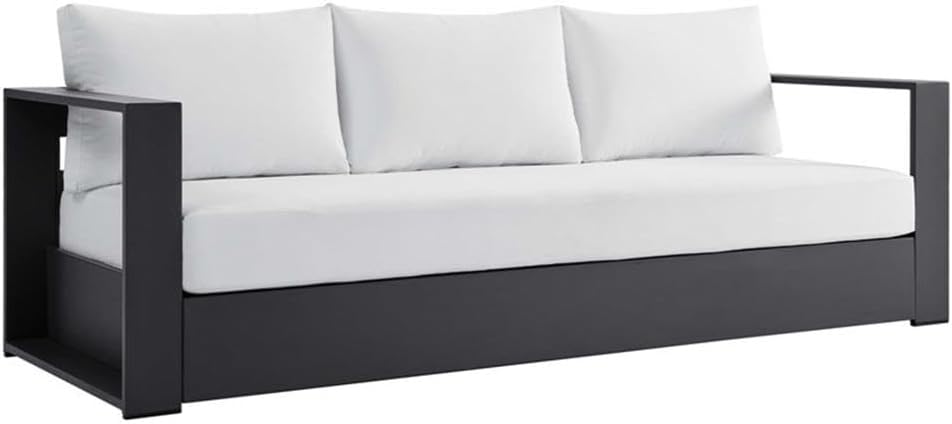 Pemberly Row 4-Piece Outdoor Patio Set, Fabric & Powder-Coated Aluminum, White/Gray Finish, Includes Sofa, 2 Armchairs & Coffee Table, Water-Resistant Cushions, UV Protection, Modern Design for