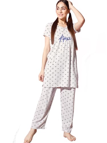 Image of Printed Round Neck Short Sleeve Nightsuit Set | Casual Night Dress for Women