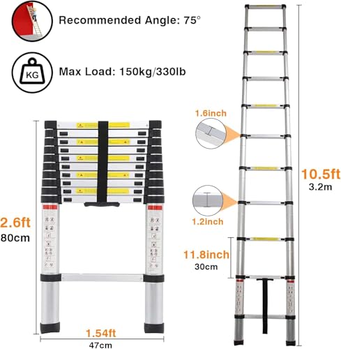 Telescoping Ladder, 10.5ft/3.2m Aluminum with Non-Slip Feet, 150KG Max Capacity Portable Multi Purpose Extendable Loft Ladder for Outdoor Indoor Work 2 Telescoping Ladder, 10.5ft/3.2m Aluminum with Non-Slip Feet, 150KG Max Capacity Portable Multi Purpose Extendable Loft Ladder for Outdoor Indoor Work - Image 2