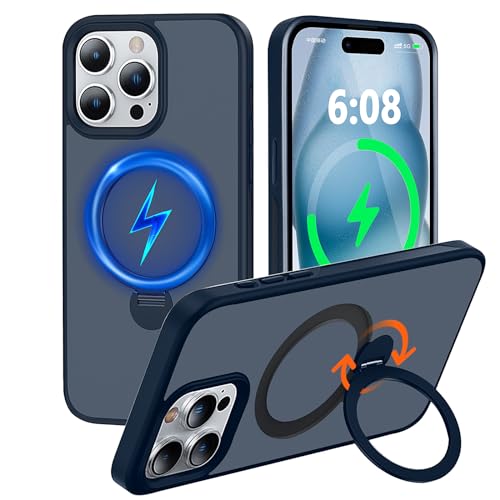 Magnetic Stand Case for iPhone 15 Pro (6.1 inch) with 360° Rotatable Invisible Ring, Compatible with Magsafe, Shockproof, Non-Yellowing, Slim Translucent Cover-Blue