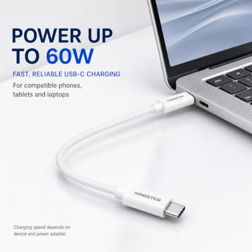 Image of KINGSTER 60W USB-C to USB-C Cable, 1 Metre Nylon Braided PD Fast Charging and 480Mbps Data Transfer Cable for iPhone 15 and Later, MacBook, iPad and Samsung Galaxy