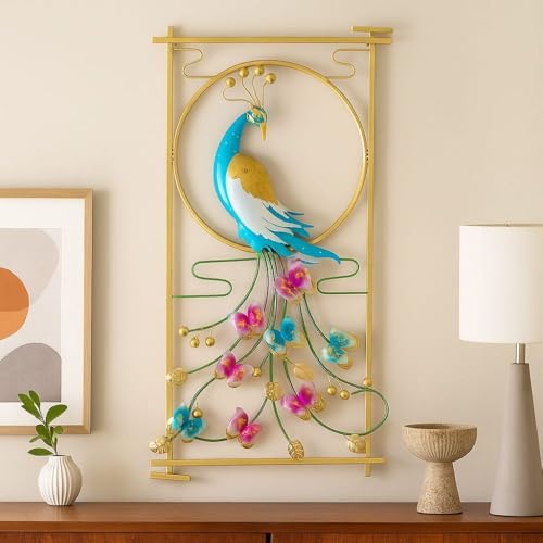 Image of Framing Hub Multicolor Metal Peacock Wall Art Decor Showpiece | Stylish Interior Wall Hanging Showpiece Perfect for Living Room Bedroom Kitchen Office (Size 22x42 Inch)