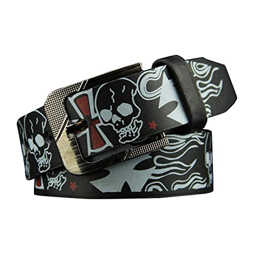 Men Belt For Jeans Skull Print Pin Buckle Belt For Women Punk-Style PU Leather Belt Pants Decors Clothing Accessories Men Bel, Black