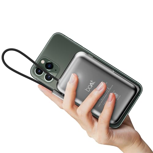 Image of Boat Energyshroom PB330 MagnaCharge 10000 mAh Magnetic Wireless Power Bank w / 15W Wireless Charging, Metal Stand,Magnacharge Ring for iPhone and Android Phones w /Wireless Charge(Black)