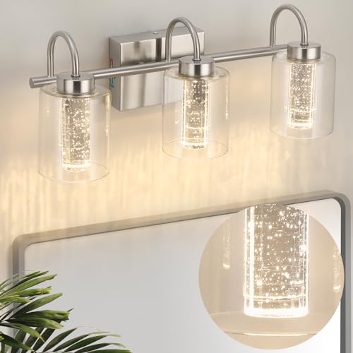 Image of Litake Bathroom Light Fixtures, 3 Light Brushed Nickel Bathroom Vanity Light Over Mirror with Crystal Bubble and Clear Glass Dimmable 3 Color Temperatures for Hallway Kitchen Bedroom Living Room
