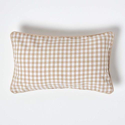 HOMESCAPES - 100% Cotton - Gingham Check - Cushion Cover - 30 x 50 cm Rectangular - 12 x 20 Inches - Beige White - 100% Cotton Sofa Pillow Cushion Cover - Washable