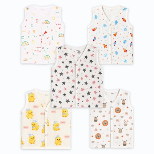 Image of Kidbea Muslin Cotton Baby Jabla for Boys & Girls | Cute Printed Soft V-Neck, Sleeveless Baby Jhabla Vest for Newborns & Infants