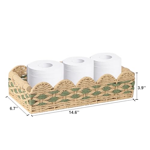 Image of Scalloped Toilet Paper Basket: Handwoven Wicker Tank Topper Organizer for Farmhouse & Boho Home Decor