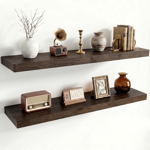 Image of Dreamland Rustic Elm Woood Floating Shelves for Wall Decor, 32 inch W x 8 inch D x 1.5 inch H Floating Shelves Set of 2, Wall Mounted Deep Wooden Shelf for Living Room, Bedroom, Kitchen, Bathroom, Walnut