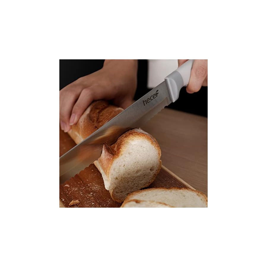 hecef Kitchen Knife Block Set, 14 Pieces Knife Set with Wooden Block & Sharpener Steel & All-purpose Scissors, High Carbon Stainless Steel Cutlery Set (Grey)