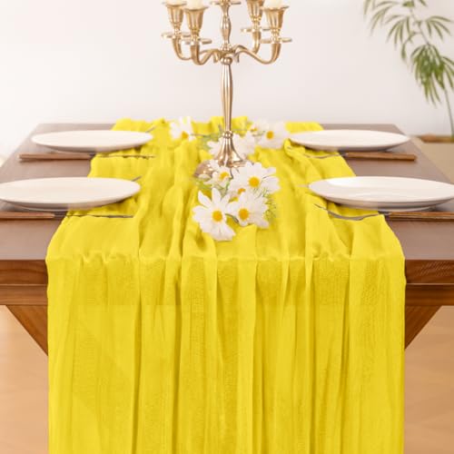 Image of Socomi 2pcs Yellow Spring Cheesecloth Table Runner Boho Rustic Gauze 120 inch 10FT Cheese Cloth Runner for Wedding Party Baby Shower Birthday Home Decor