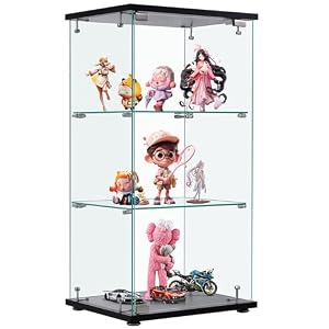 コレクションケース ガラスディスプレイキャビネット フィギュアケース 3段 ブラック 強化ガラス 全面ガラス (ブラック, 幅42.5×奥行36.5×高さ86cm)