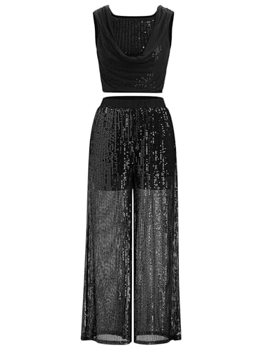 Lyrical Dance Dress for Women Cowl Neck Sleeveless Shiny Sequins