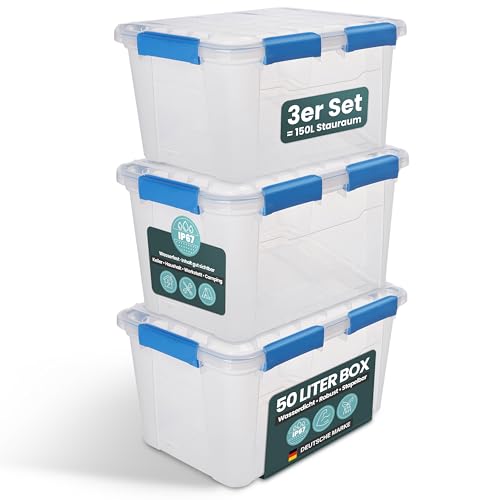Kreher® Aufbewahrungsbox 50 Liter mit Deckel – wasserdicht & staubdicht, transparent & stapelbar, BPA- & schadstofffrei, robuste Kunststoffbox mit Silikondichtung & 6 Clips (3, 50 Liter)