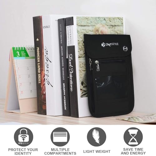 omystyle neck wallet rfid passport holder for travel adjustable neck strap waterproof neck pouch for men amp women to keep cash credit cards and documents safe black 8x6
