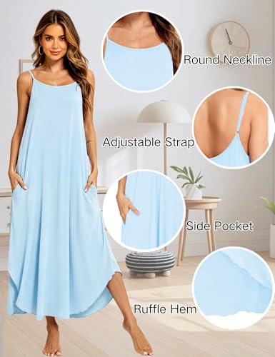 Image of SWOMOG Women Long Nightgown Pajama Dress Soft Strap Nightdress Summer Sleeveless Nightshirt Lounge Dress with Pockets