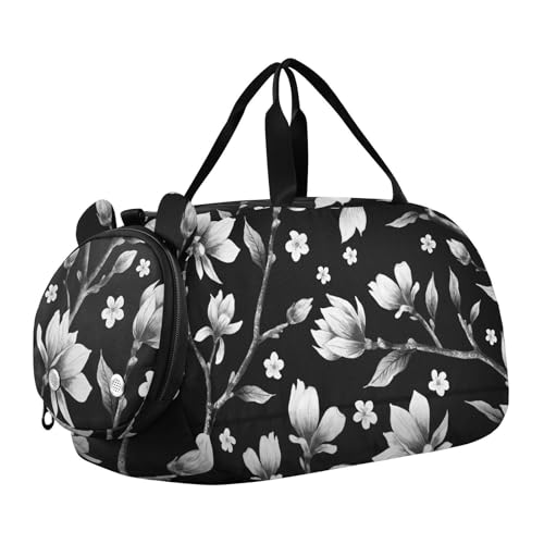 Black and White Magnolia Flowers Duffel Bags for Boys Small Gym Bags for Teens Dance Bag for Girls