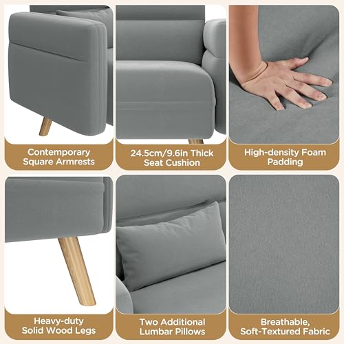 Yaheetech Small Modern Fabric Loveseat Small Sofa Upholstered Couch 116cm Futon Settee Lounge with Tapered Legs for Dorm/Office/Bedroom/Living Room Furniture Light Gray