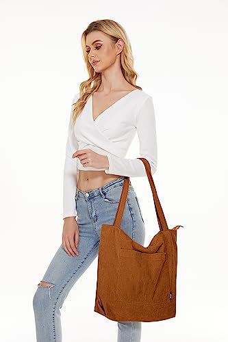 KALIDI Corduroy Tote Bag with Zipper Waterproof Cord Tote Bag for Women with Pockets Compartments Large Capacity Shoulder Bags Handbags for School Work Shopping Travel Daily Use