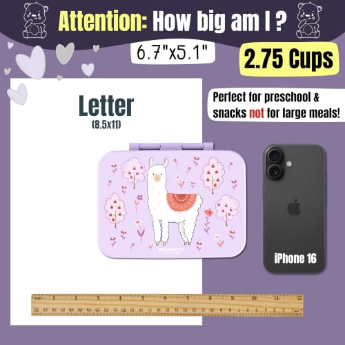 Image of BEARFOOT Kids Lunch Box with Compartments - Compact & Lightweight | Leak-Proof, BPA-Free, Dishwasher Safe | Hand-Drawn Design for Preschool, School, Travel (Llama Purple, 2.75 Cups)
