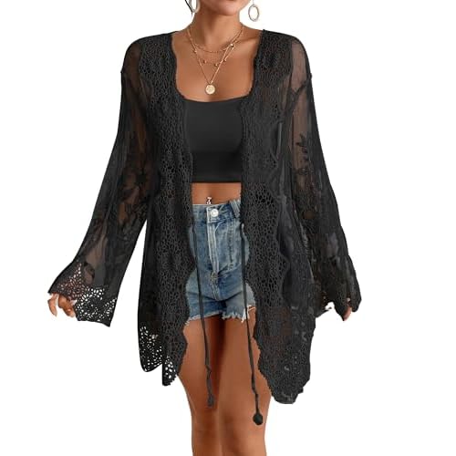 Bsubseach Kimonos for Women Boho 2025 Bathing Suit Cover Up Back Cut Out Swimsuit CoverUps Beach Lace Kimono Summer Cardigan Black One Size
