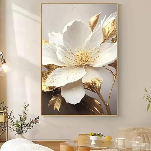 Tableau feuille d'or fleurs blanches grand format pour habiller un grand mur vide triptyque cadre - 3