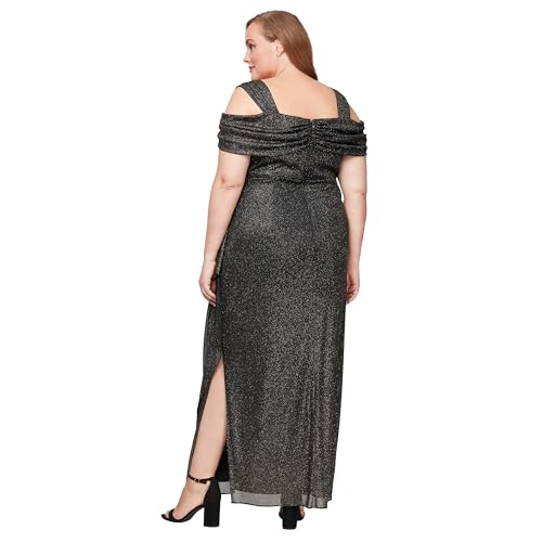 Image of Alex Evenings Women's Long Cold Shoulder Dress, Mother of The Bride, Formal Events, Black /Gold Glitter, 16 Plus
