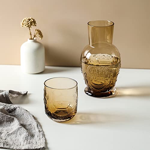 Plcnn Juego de jarra de agua y vaso de cristal para mesita de noche de 25 onzas, jarra de agua transparente con vaso de agua transparente y juego de noche (café)