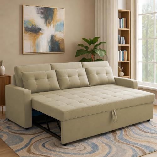 Image of Casaliving Treshta Seater Pull-Out Premium Fabric Sofa Cum Bed Sofa Set for Living Room Premium Fabric Sofa Set for Living Room Sofa Cum Bed (Cream, 3 Seater)