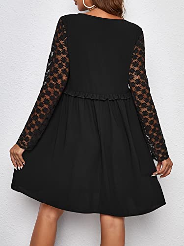 Oyoangle Women's Maternity Long Lace Sleeve V Neck Frill Trim Flared Knee Length Dress Black M #TOP1