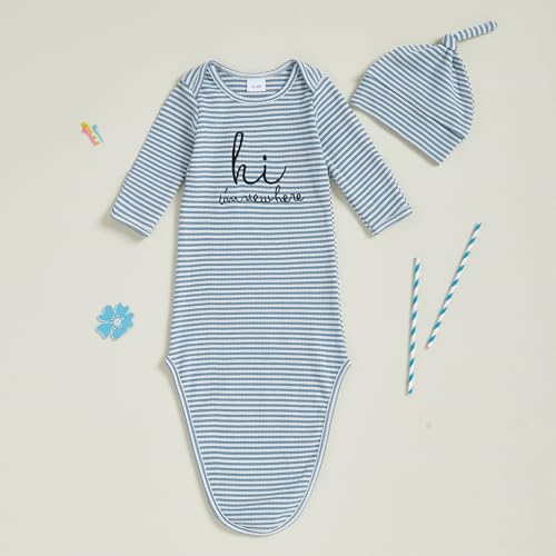 Image of Baby Girl Boy Sleeping Waffle Bag Letter Embroidery Long Sleeve Sleep Striped Sack with Hat 2 Piece Set for Fall