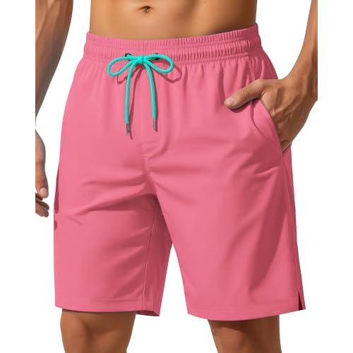 9 Inch Men Swim Trunks with Mesh Lining Quick Dry Breathable Pockets for Summer Beach Cruise Water Park Gym Running Medium Solid Neo Pink