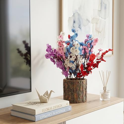 Image of Dekorly Artificia Baby's Breath Flower with Real Wooden Vase (28CM Overall Height) | Decorative Lifelike Faux Floral Plant in Rustic Tree Log Pot for Living Room(Baby's Breadth)