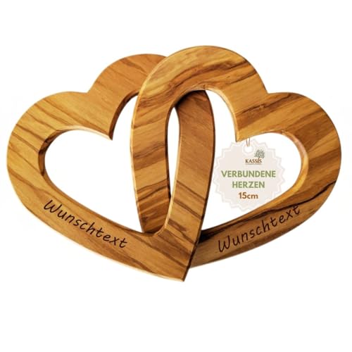 Kassis Geschenkartikel Personalisierte Olivenholz-Herzen für Brautpaar, zum Valentinstag, Jubiläum, Hochzeitstag, Geburtstag - verbundene Holz-Herzen - Hochzeitsgeschenk - (15 cm)