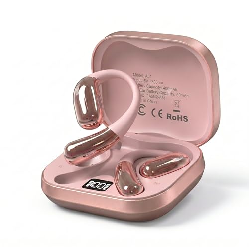 Open Ear Headphones, Wireless Headphones with Smart Digital Display & Mic, Open Ear Earbuds 35H Playtime, Sweat Resistant & Waterproof, Secure Comfortable Fit - Running, Sport, Daily (Rose Gold)