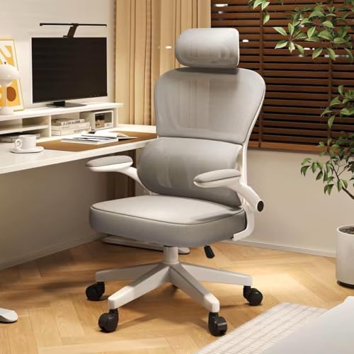 كرسي العاب، كرسي كمبيوتر من القماش، كرسي مكتب مع مسند ذراع ومقعد قابل للتعديل، كرسي العاب فيديو مريح مع دعم للرقبة والتدليك للفقرات القطنية (ابيض/رمادي)