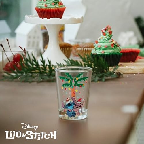 Image of Silver Buffalo Lilo and Stitch Xmas Stitch and Friends Palm Gift Set 4pc. 1.5oz. Mini Glass Set 2x2