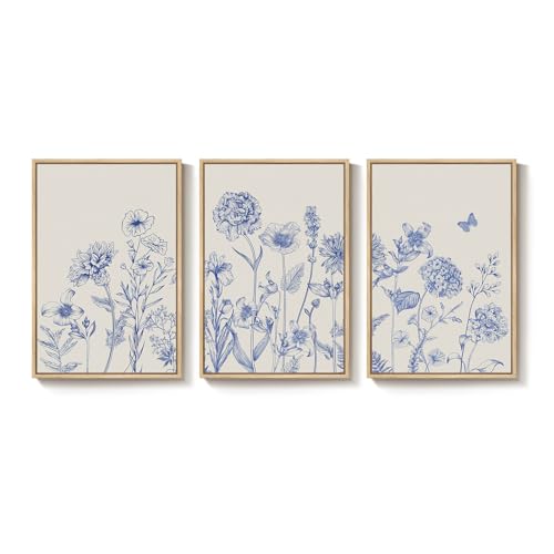 Art mural de qualité supérieure triptyque floral bleu pour salon chic
