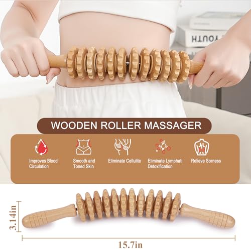 Image of Wood Massage Roller Muscle Roller Fascia Blaster Lymphatic Drainage Massager Wood Therapy Massage Tools for Deep Tissue Muscle Pain Relief(12-Wheel)