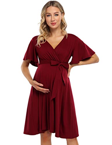 Coolmee Women's Wrap Maternity Dress Empire Waist Knee Length Midi Dress with Belt Baby Shower or Casual Wear Burgundy XL