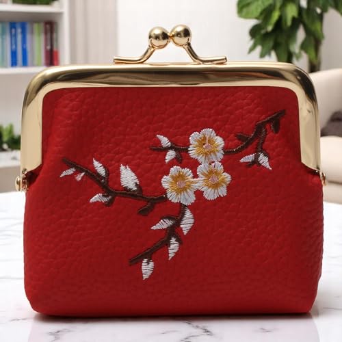 1Pcs Pouch Wallet Plum Blossom Embroidery Snap Wallet PU Leather Red 11x10cm