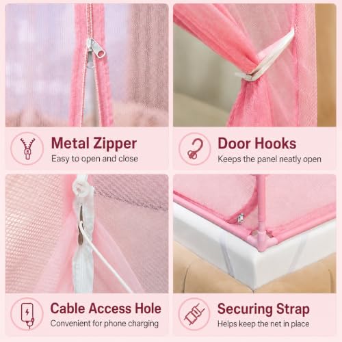 Image of Dawnwake Mosquito Net for King Size Double Bed, Anti-Fall Machardani Mosquito Net for Babies and Adults, Portable Foldable Mosquito Net Tent for Travel /Camping (Pink, 200x180cm)