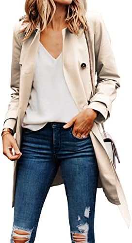 Danedvi Women Fashion Casual Elegant Lapel Solid Button Down Blazer Work Wear Office Long Type Windbreaker Trench Coat Beige