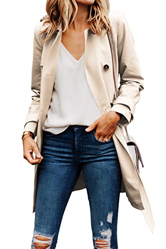 Danedvi Women Fashion Casual Elegant Lapel Solid Button Down Blazer Work Wear Office Long Type Windbreaker Trench Coat Beige #TOP3