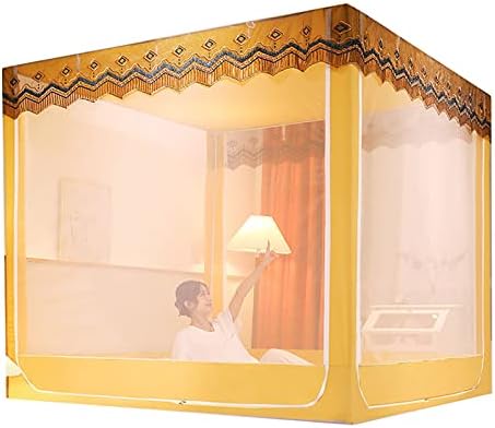 Fabric Bed Drapes Mesh Protection Canopy Shielding Netting,Summer Mosquito Net Bed Netting Canopy 4 Corners Post Square Mosquito Netting Bed Tent Without Stand for Full Queen King Size,Yello